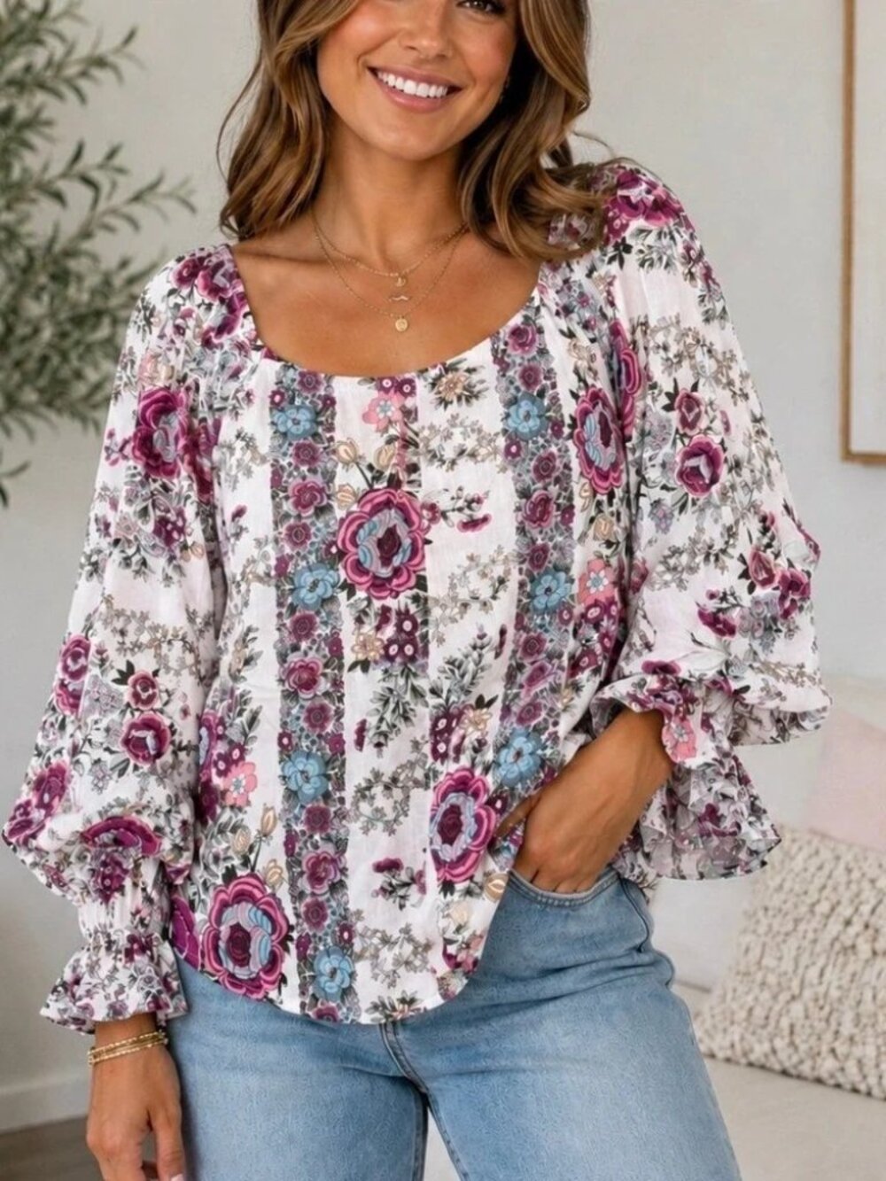 Magazine Pink Floral Off Shoulder Ruffle Sleeve Cotton Blouse Medium NEW Boho M